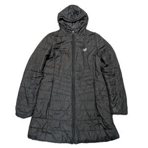 New Balance Black Long Packable Puffer Quilt Hooded Coat Women M Zip Pockets
